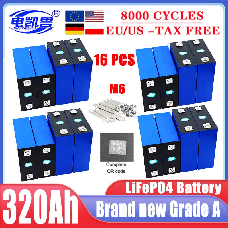 

16PCS 320ah 8000 cycle LiFePO4 3.2v rechargeable battery, suitable for DIY 12V 24V 48V caravan marine solar energy system no tax