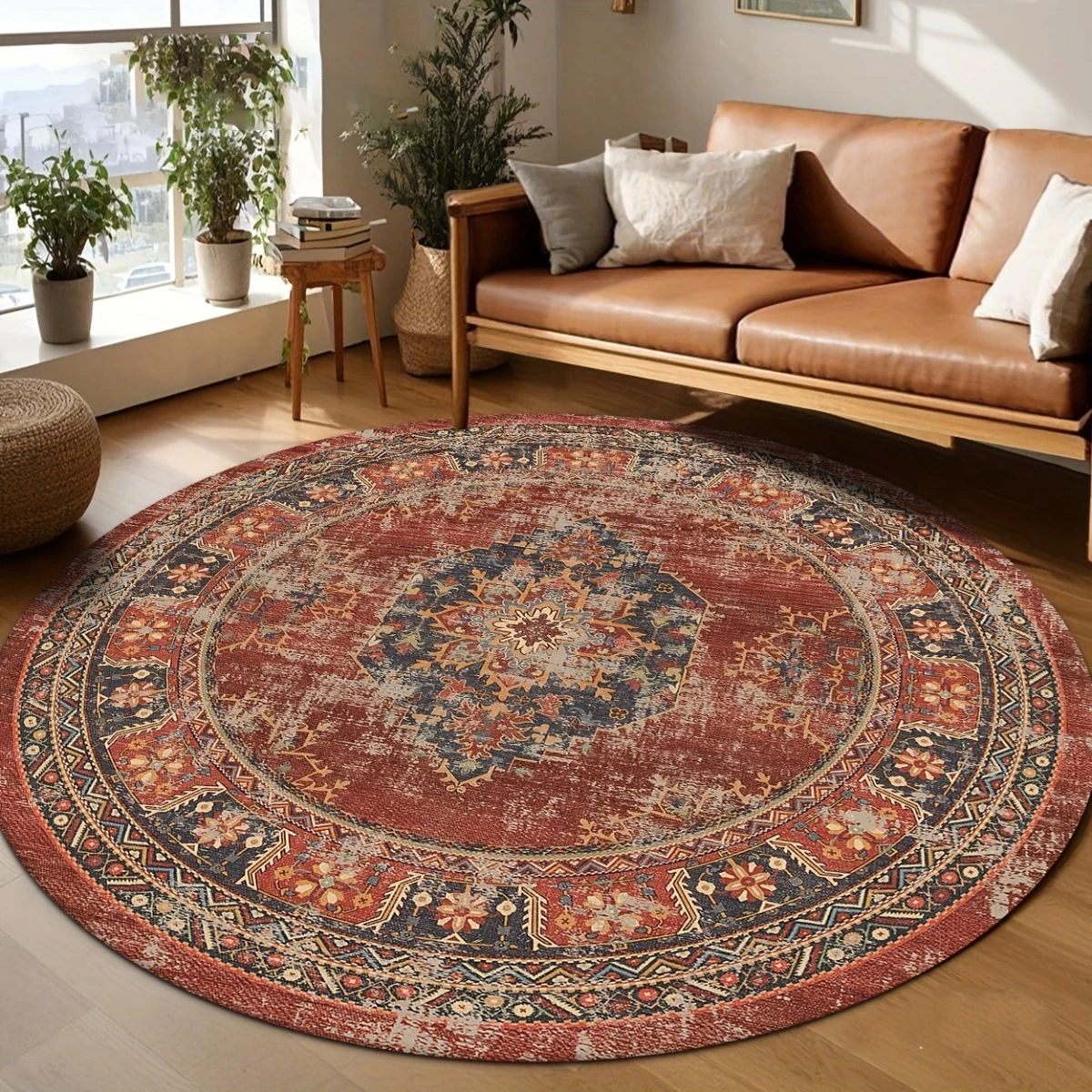 1PC Vintage Ethnic Round Floor Mat Suitable for Bathroom  Bedroom - Soft Absorbent Flannel with Distressed Border Design, Thick Suitable for Living Room, Symmetrical Pattern for Home Decor