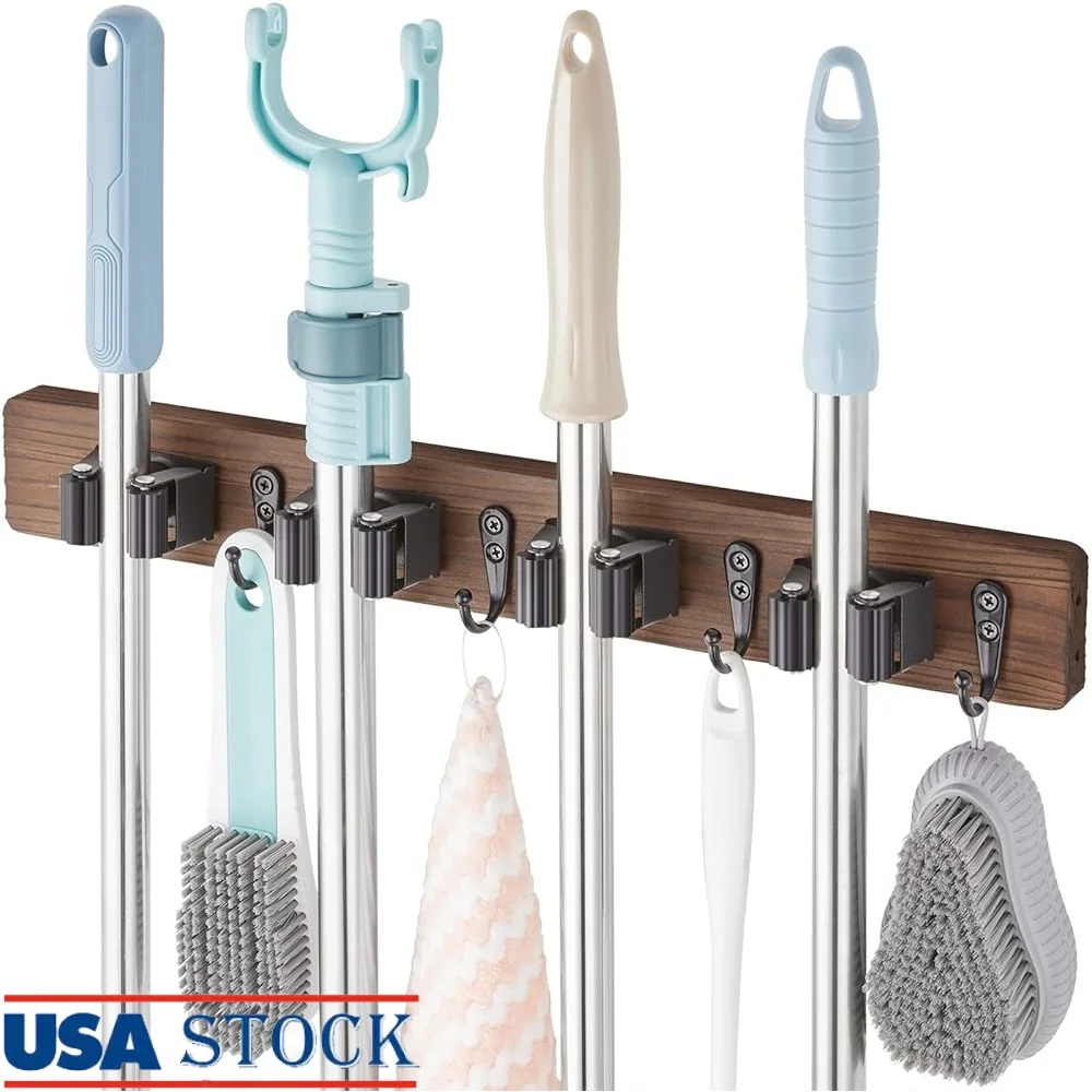 

Wall Mounted Mop and Broom Holder Rustic Wood Organizer Garage Laundry Room Closet Garden Tool Rack Storage Solution