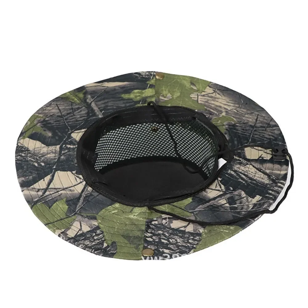 야외용 햇빛 차단 모자 사냥 낚시 모자 넓은 챙 통기성 메쉬 위장 잎사귀 모자 남성용 햇빛 차단 모자 정글 낚시꾼 모자