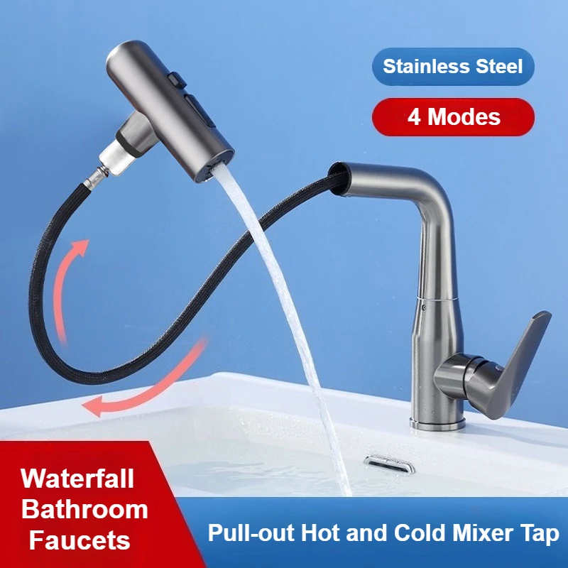 

Pull-out Washbasin Faucets Hot and Cold Mixer Tap 4 Modes Adjustable Faucet Deck Mounted Stainless Steel Bathroom Faucets