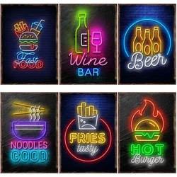 1Pc Retro Neon Food Metal Sign Fast Food, French Chips, Fine Wine, Coffee Shop Painting Art Decoration Aesthetics Aluminum