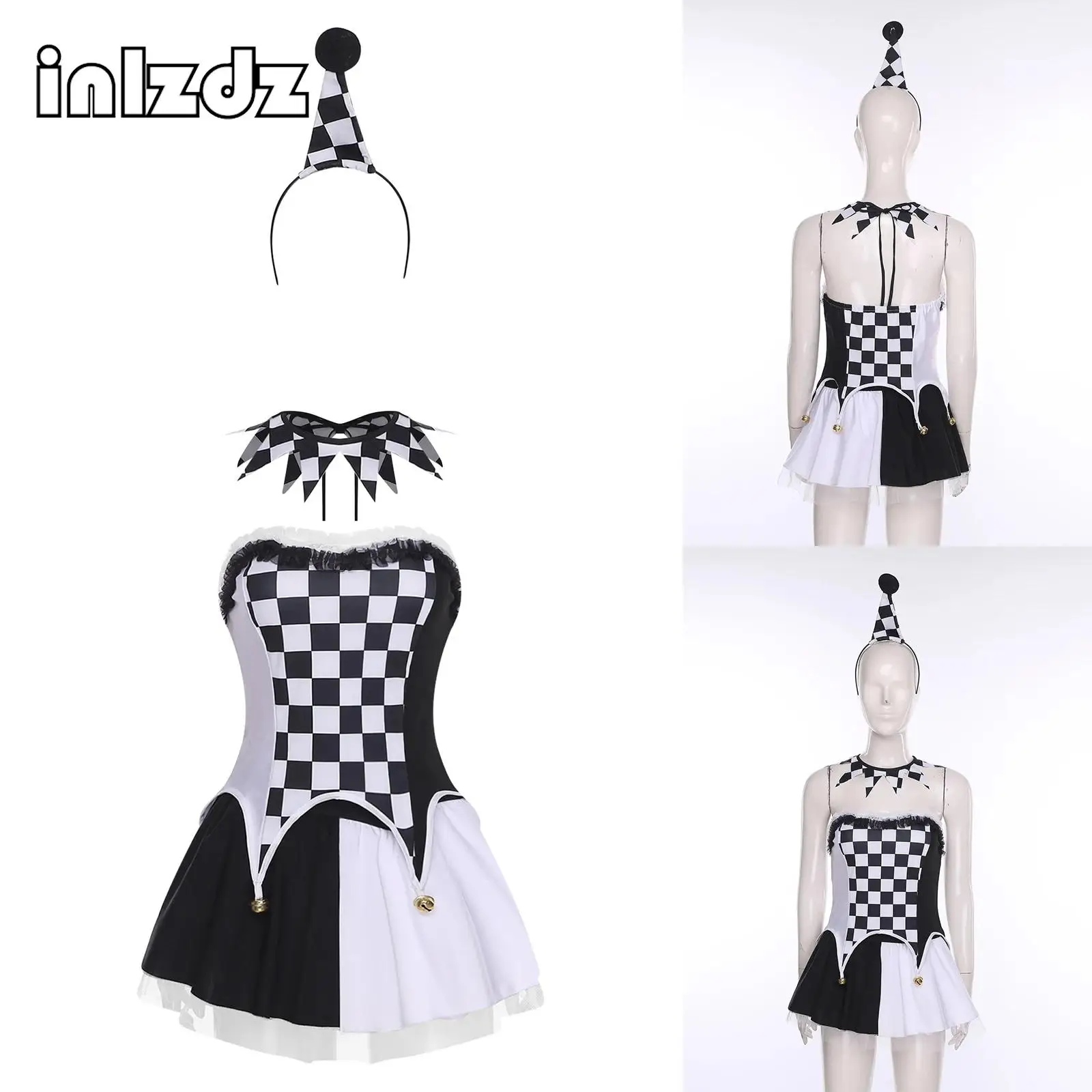 

Womens Halloween Clown Joker Dress-up Checkerboard Bells Strapless Top Miniskirt Accessories Sets Evil Jester Cosplay Costume