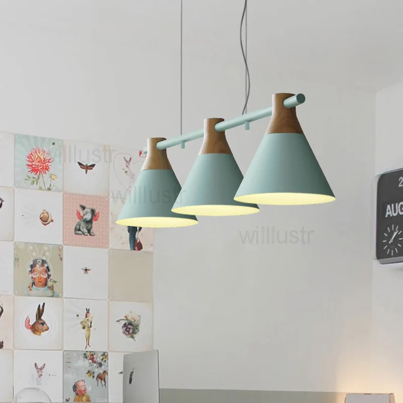 Colorful Macaron Iron Pendant Lamp Wood Suspension Light for Living Dining Room Cafe Hotel - Hanging Ceiling Chandelier