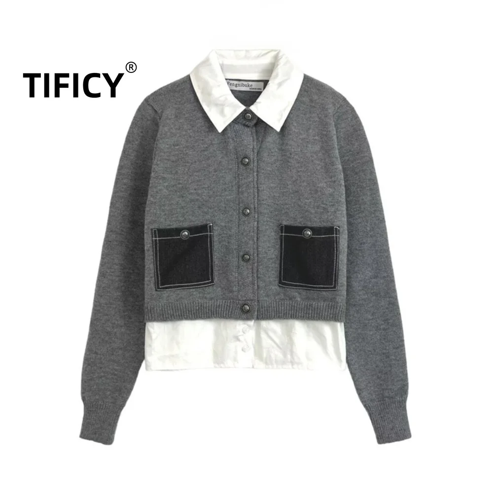 

TIFICY Sweater Autumn Women's Fashion Comfortable Temperament Contrasting Colors Fake Two-piece Splicing Short Knitted Cardigan