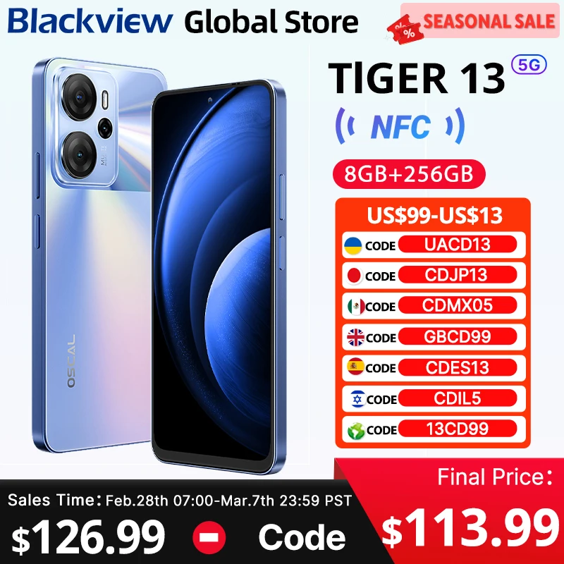 Blackview Oscal Tiger 13 5G Smartphone 6.67 inch 90Hz IPS Display NFC 5000mAh Unisoc T760 256GB 50MP AI Camera Mobile Phone