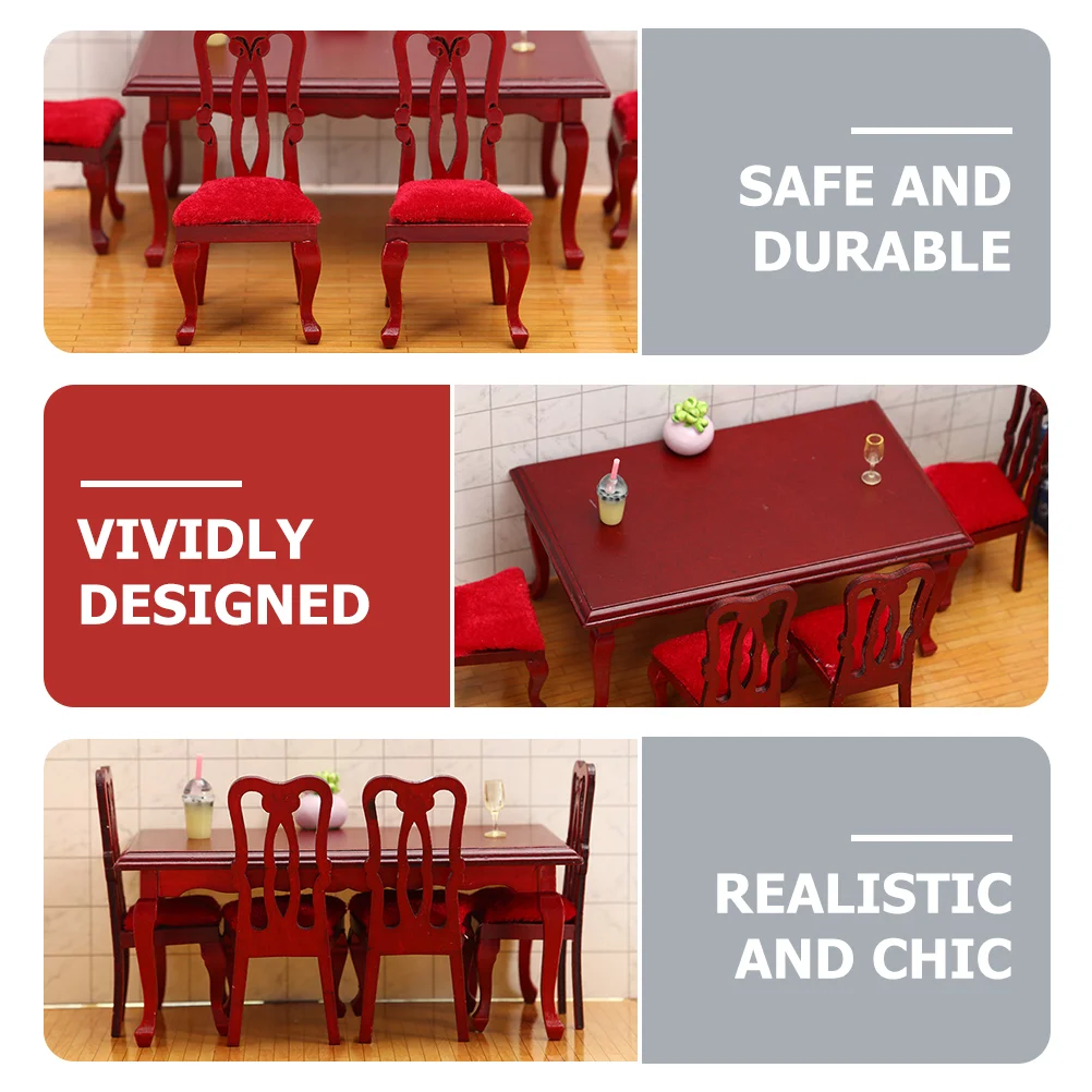 Table Chairs Vintage Dining Set Tiny House Furniture 1/12 Scale Miniature Toy Stool Red Child