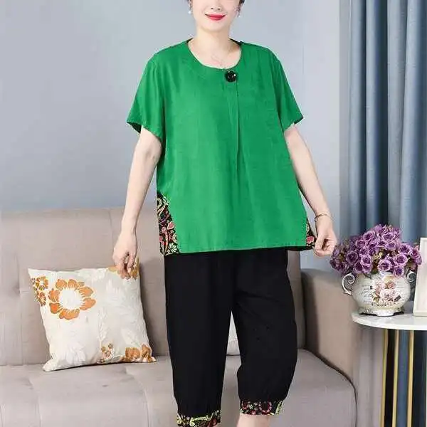 2pcs/Set Women T-shirt Pants Homewear Set Loose Two-piece Floral Animal Print Sleepwear Set Middle-aged Z211