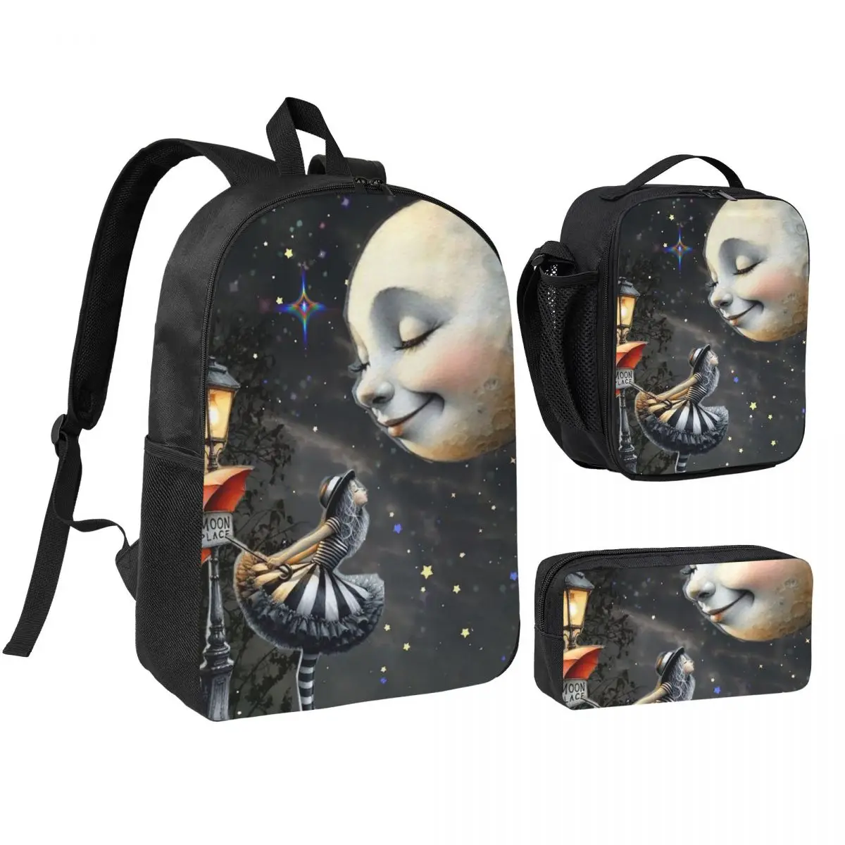 Gothic Girl Kiss Smiling Moon Design Backpack Boys Girls BookBag School Bag Shoulder Bags 3ps Insulated Lunch Bag Pencil Case