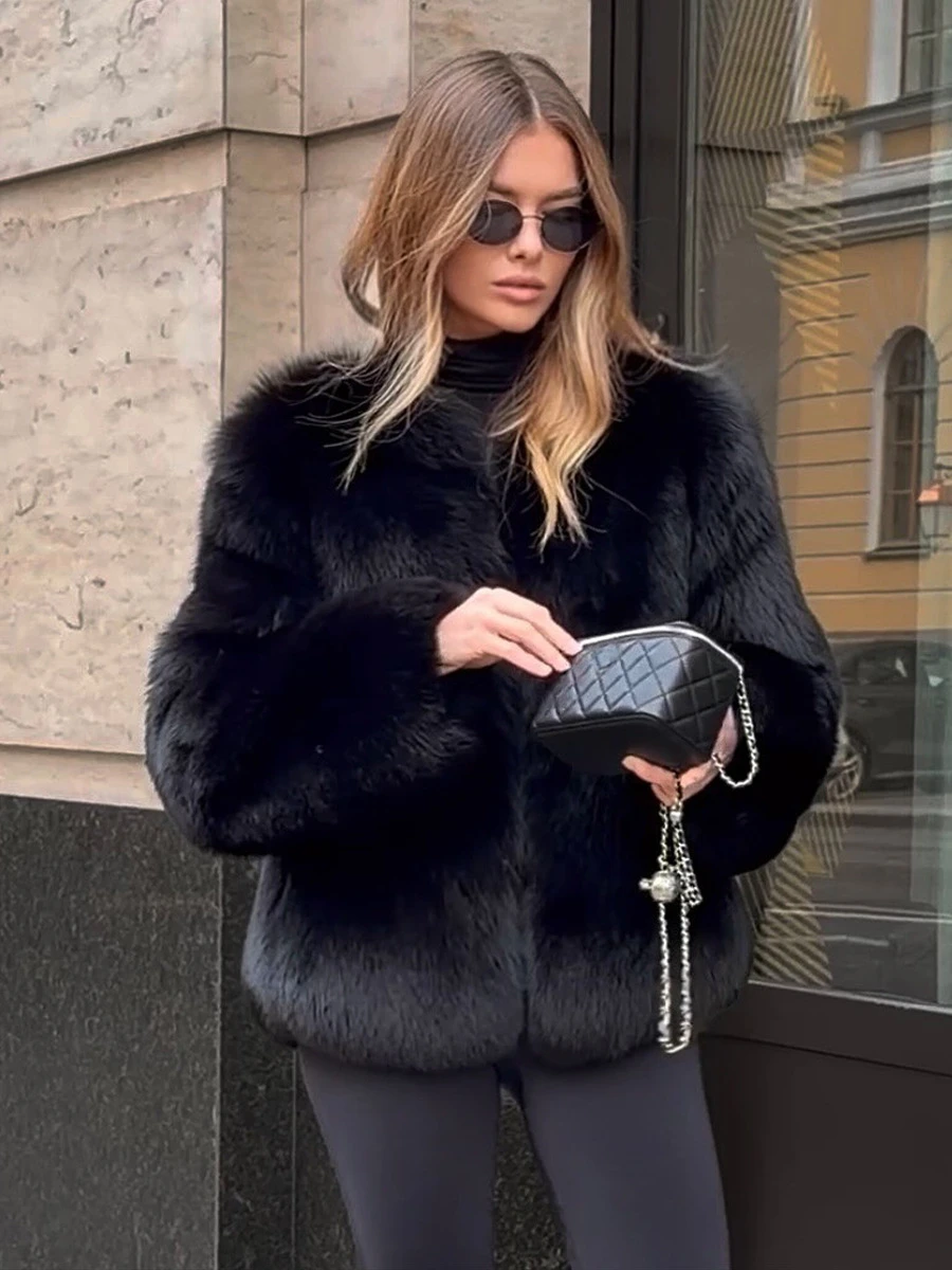 2026 Autumn Winter Women Faux Mink Fur Jacket Lapel Collar Hidden Closure Cropped Fluffy Coat Black