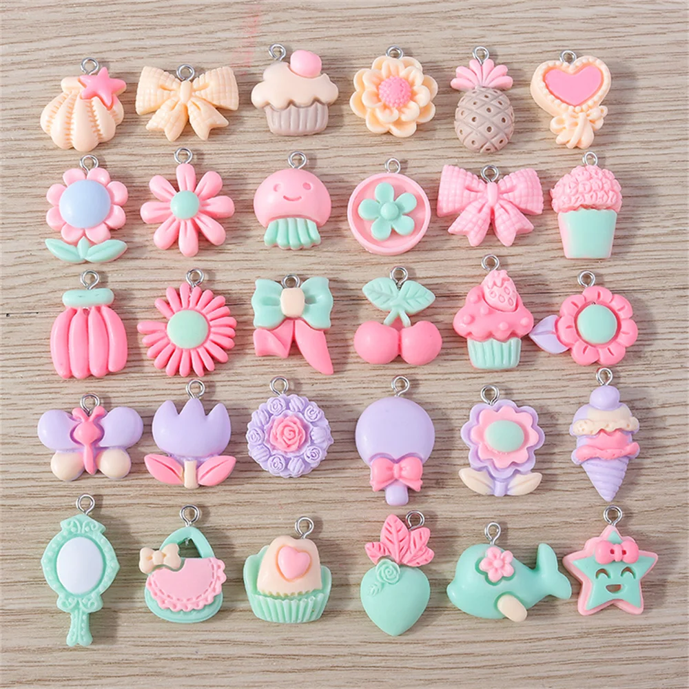 Tusember 15 Stück niedliche Mädchen-Anhänger in rosa Serie mit Schleifenknoten und Kuchenblumen für die Schmuckherstellung, Ohrringe, Halsketten, handgefertigte Accessoires – Detail 6