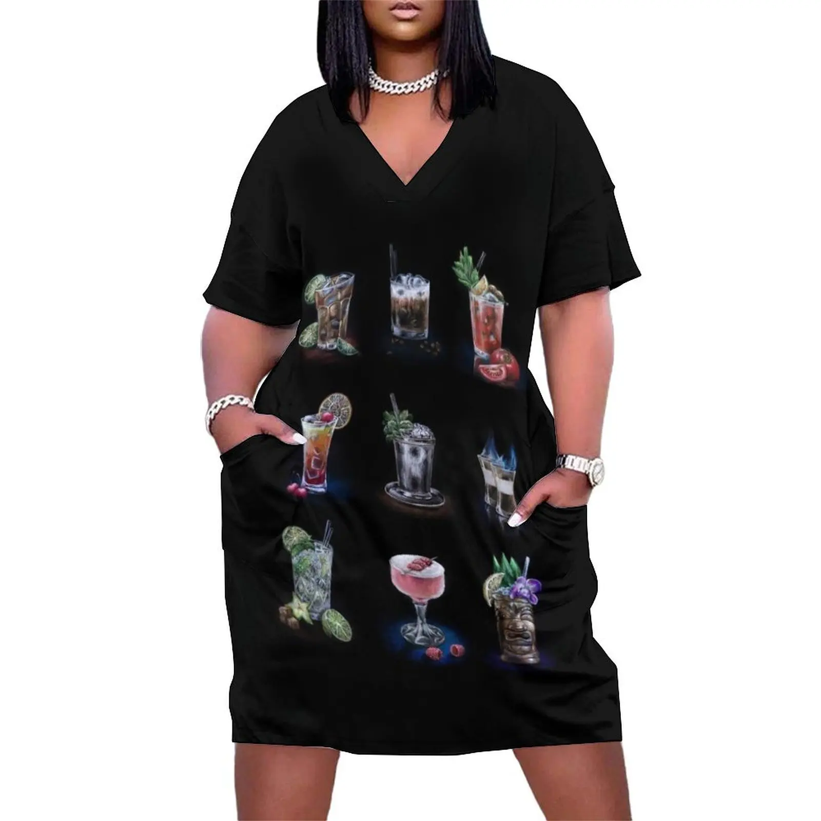 

Hand drawn cocktail collection on black Loose Pocket Dress evening dress ladies Female dress