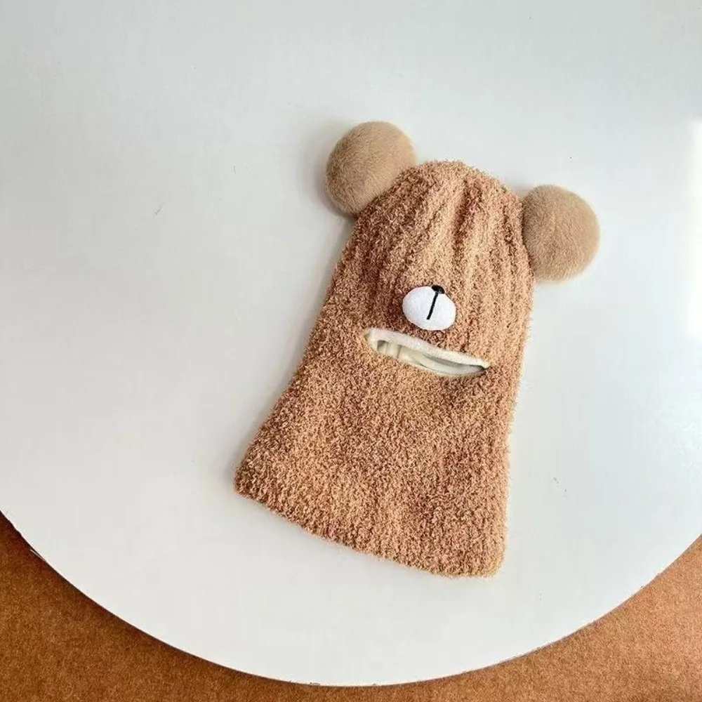 

New Warm Scarf Mask Integrated Hat Windproof Coldproof Pullover Cap Cute Bear Knitted Beanie Hat Kids
