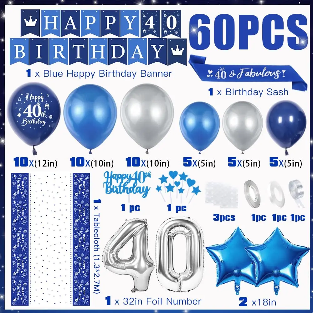 Men 40th 50th 60th Birthday Decorations Blue Balloon Birthday Sash Tablecloth Star Foil Balloon Happy Birthday Banner