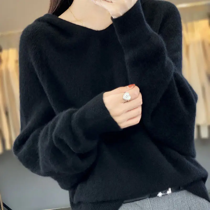 Lazy Style Solid Sweater for Women's New Autumn/winter Korean Version Fashionable Bat Sleeve Hoodie with Solid Color Knit Bottom