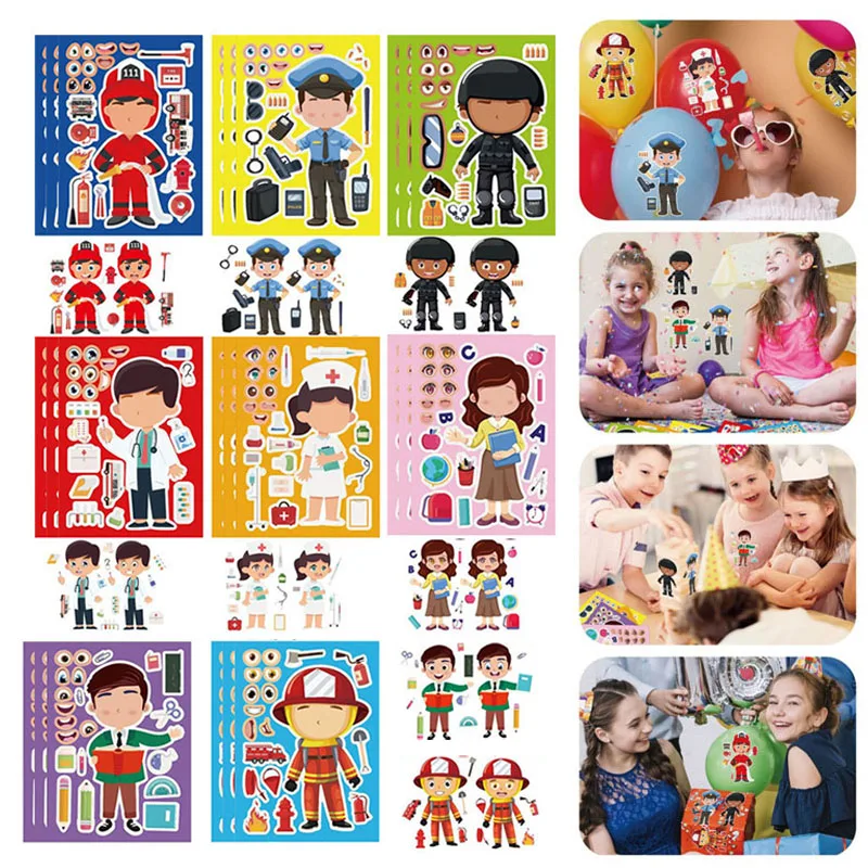 Kids DIY Stickers Puzzle Games Make Firefighter Doctor Nurses Teacher Police Officers Face Assemble Sticker Early Education Toys