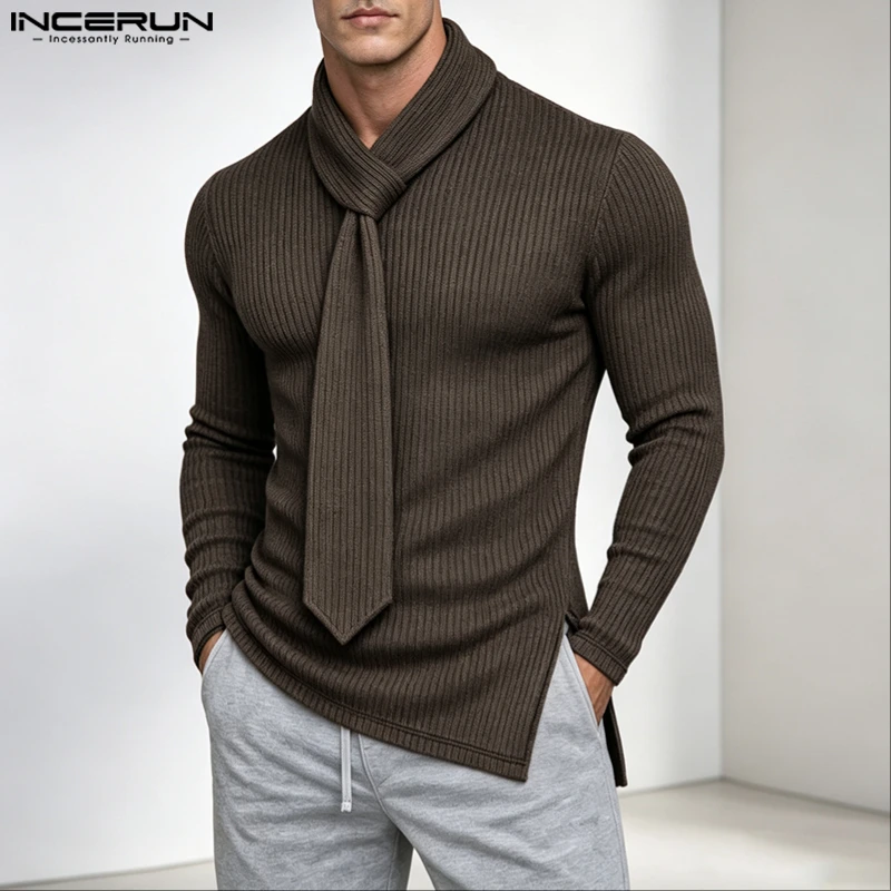 INCERUN Men's Sweaters Solid Color Scarf Collar Long Sleeve Casual Pullovers For Man Streetwear Knitted Fashion Men Clothes Tops