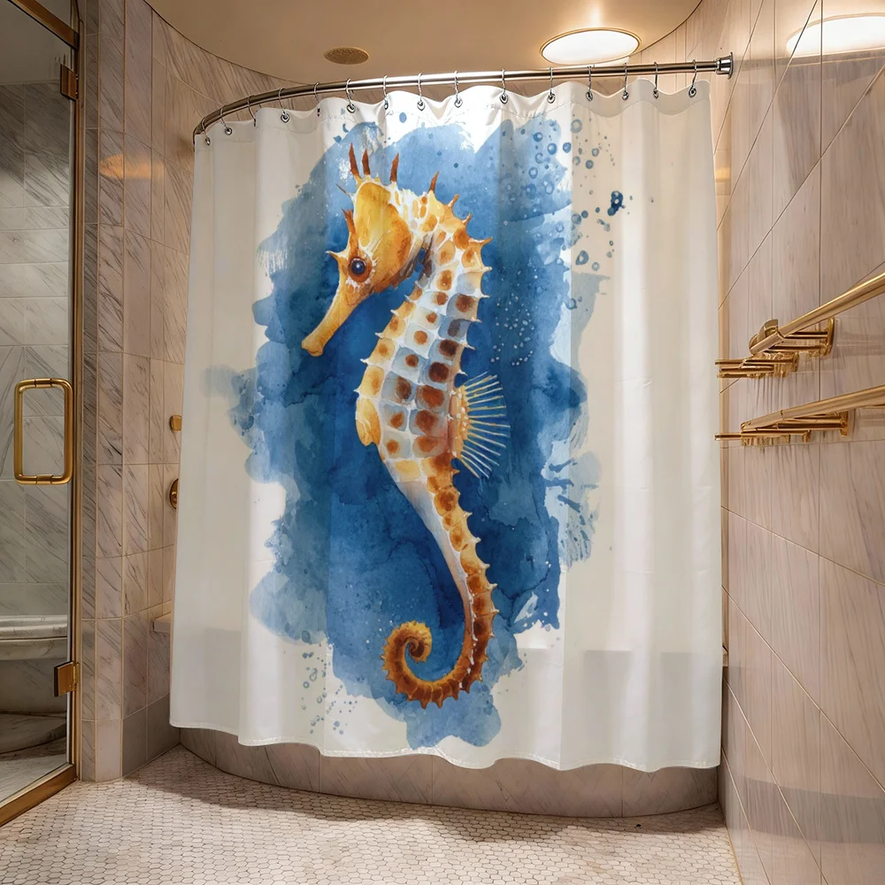 

Watercolor Seahorse Shower Curtain Blue Ocean Marine Bath Decor Bathroom Liner Curtain Waterproof 180x180cm Artistic Tropical