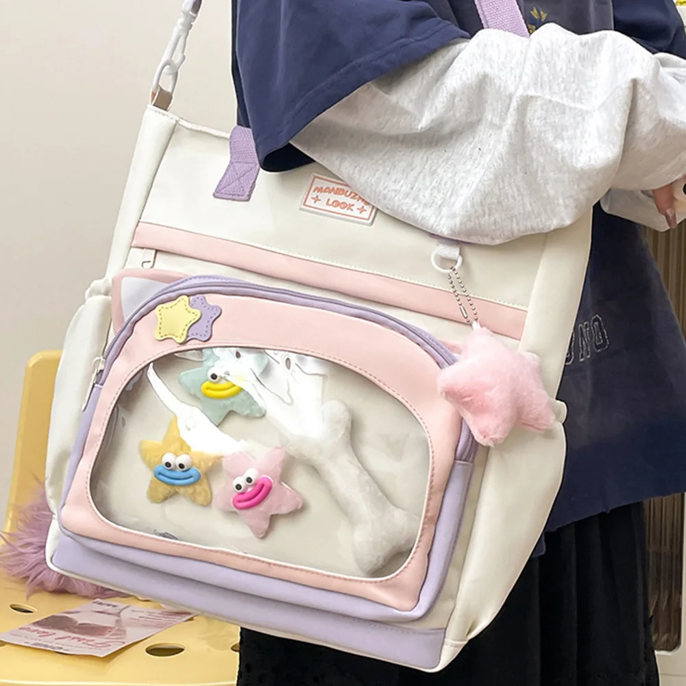 Canvas Women Handbags,Clear Window Large Capacity Japanese Messenger Bag,Ladies Shoulder Bag,Book Bags Showcase Your Anime Pin