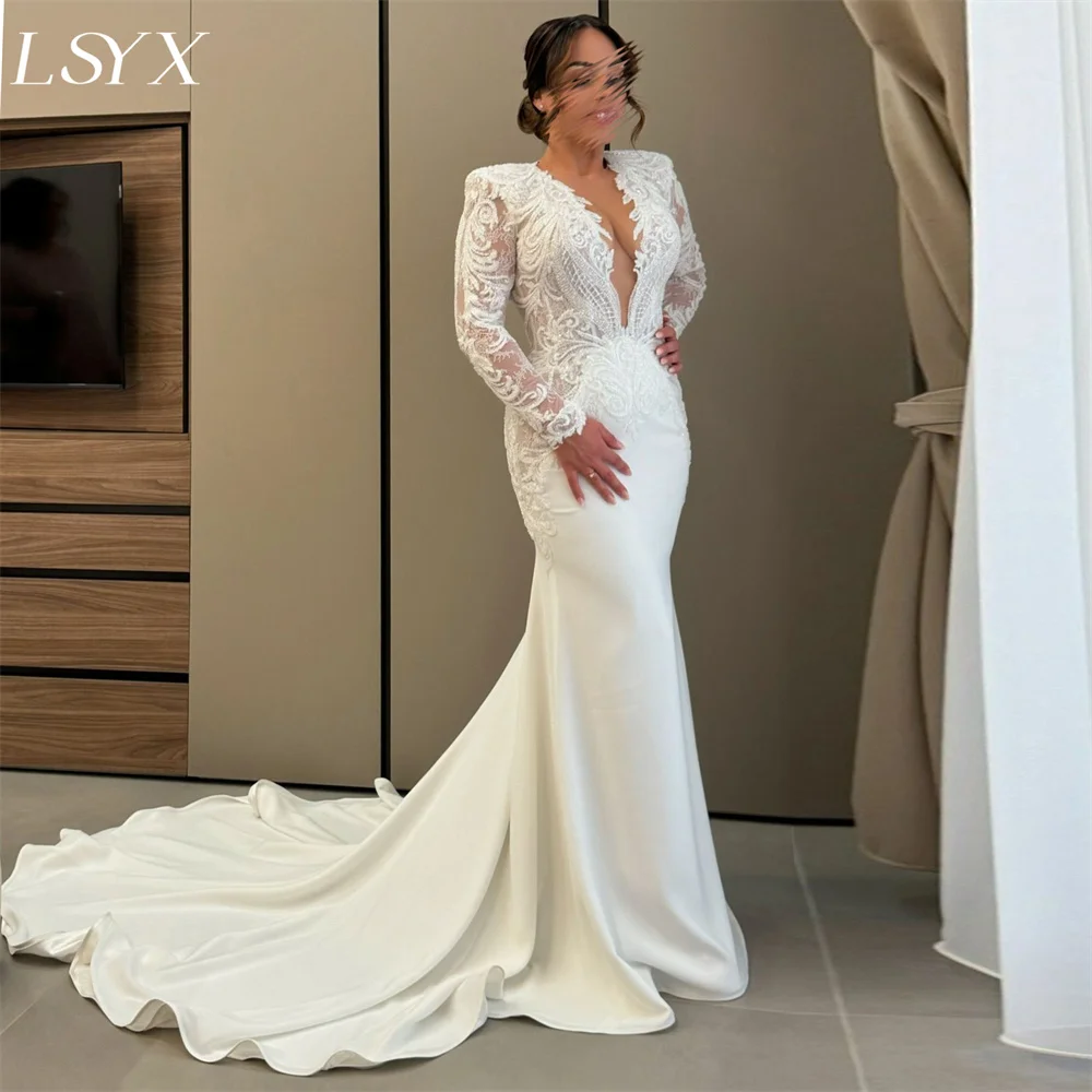 

LSYX Deep V Neck Long Lace Sleeves Crepe Elegant Mermaid Wedding Dresses Cut Out Back Court Train Bridal Gown Custom Made