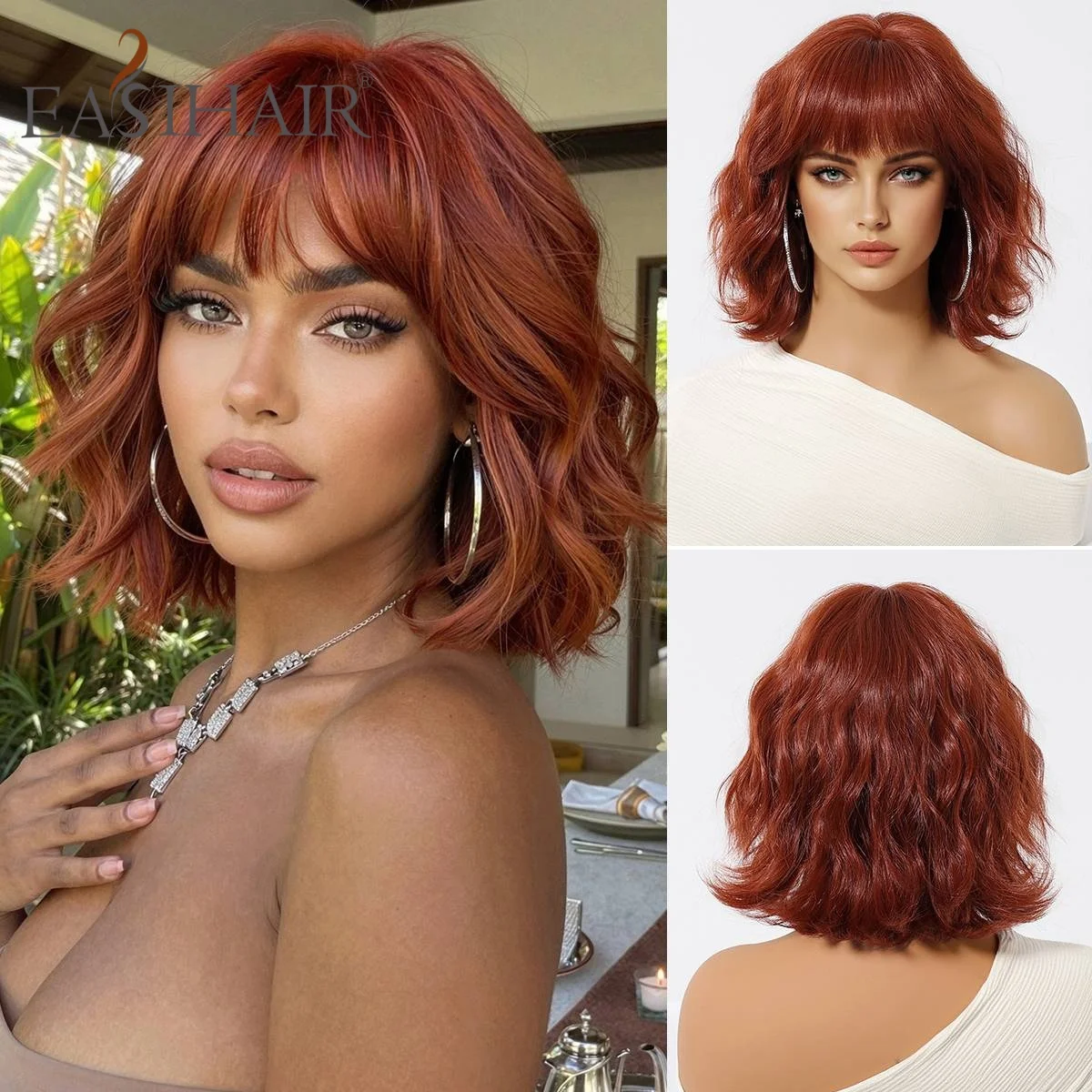 Reddish Brown Short Curly Synthetic Bob Wig with Bangs Heat Resistant Natural Looking Soft Hair for Women Daily Party Halloween