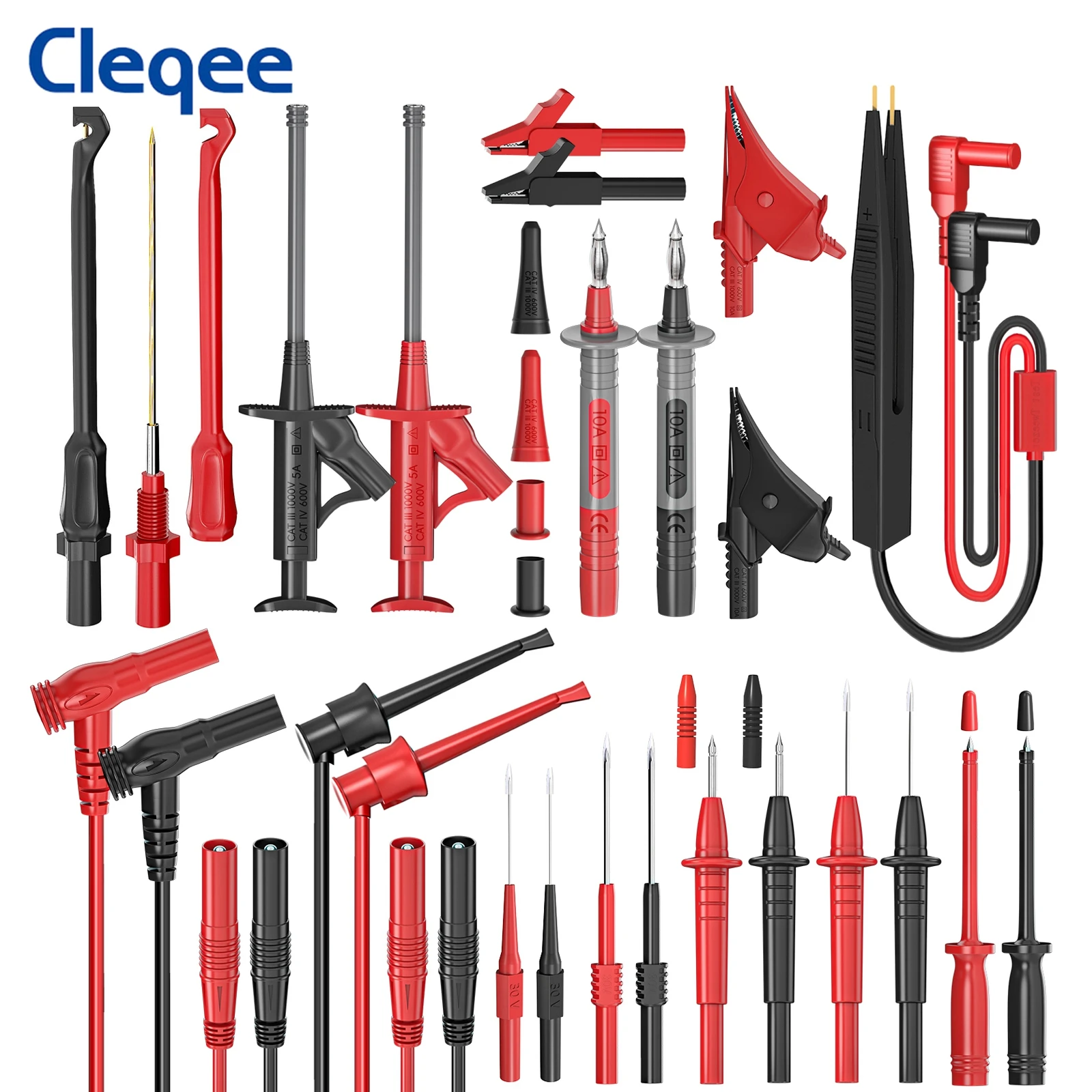 Cleqee P1925 Puntali per multimetro in silicone Kit Sonde per test Set Morsetti a coccodrillo Gancio per test rapido Clip Pinzetta Cavo di