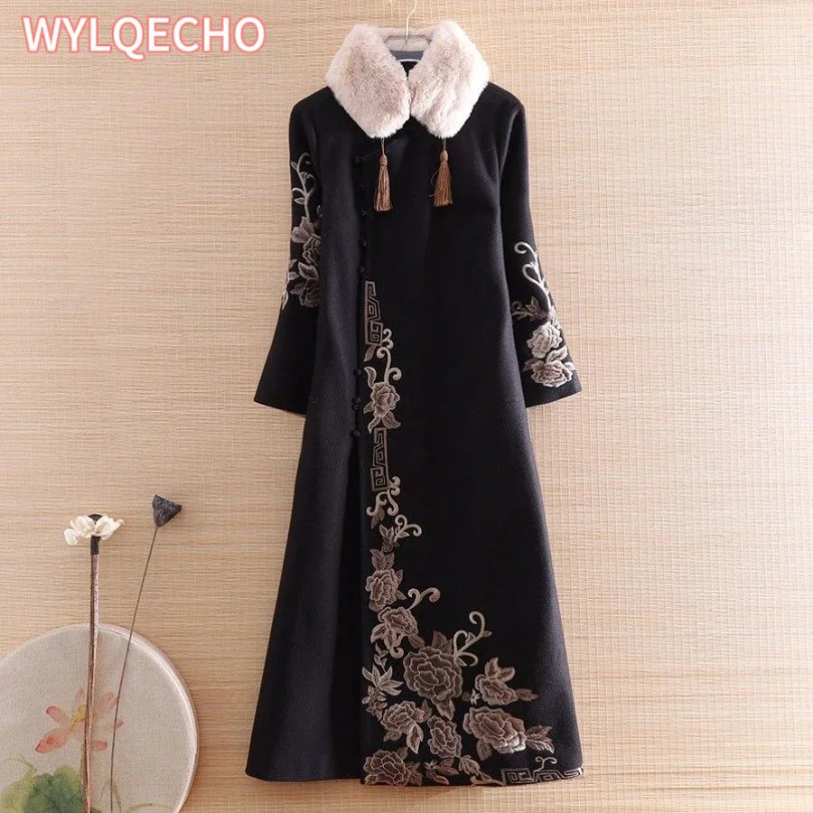 2023 chinese style improved qipao woolen dress autumn winter new improved women cheongsam dress daily floral hanfu dress