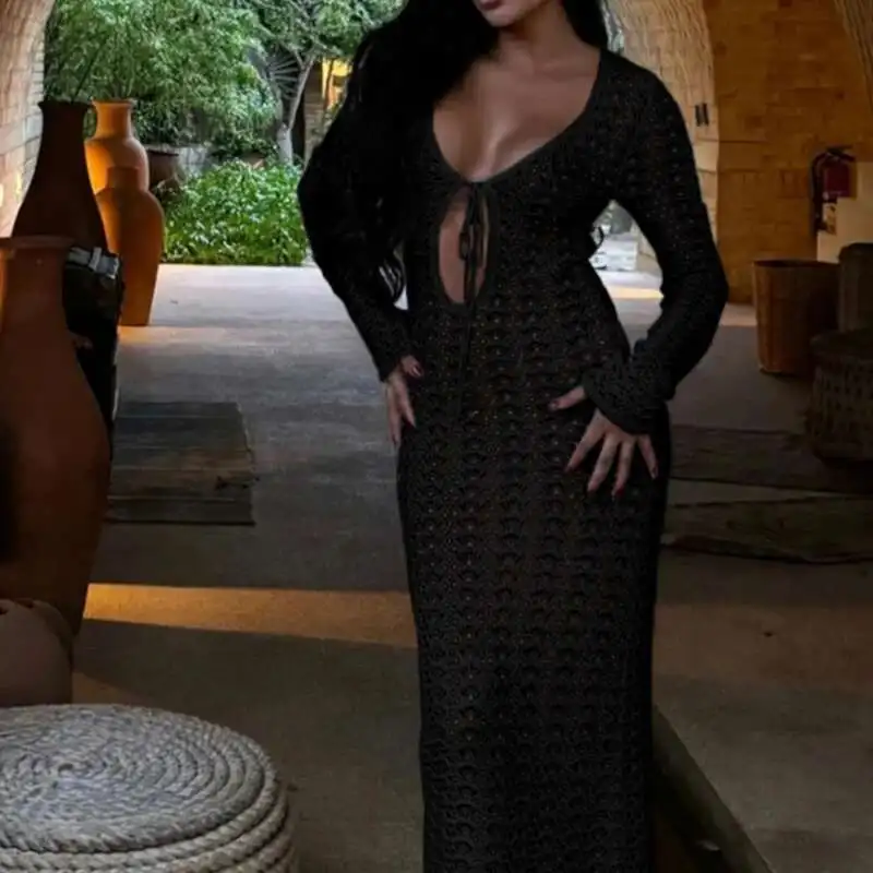 أزياء الخامس الرقبة الدانتيل سليم ماكسي فساتين الصيف طويلة الأكمام جوفاء محبوك فستان الشاطئ بلون واقية من الشمس التستر ملابس السباحة