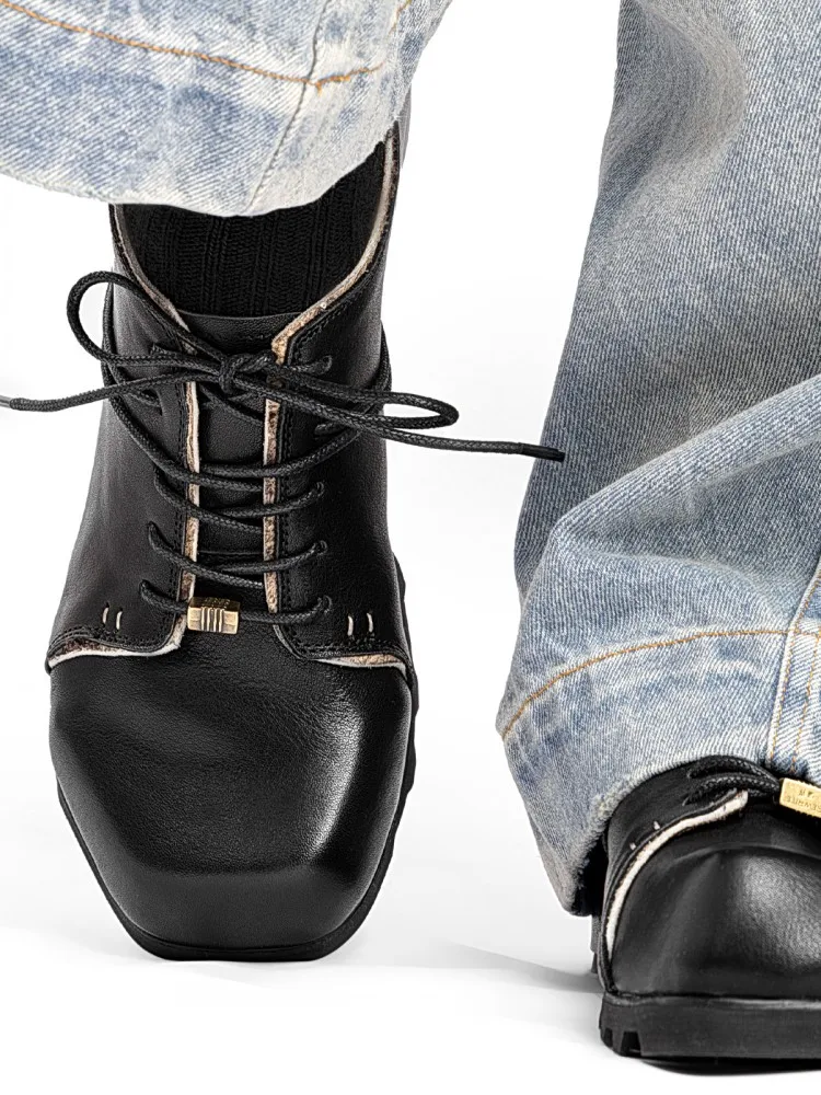 Oxford Shoes New Leisure Men Lace Up Genuine Leather Color Block Comfortable Retro Mens Casual Shoes Square Toe Daily Handmade