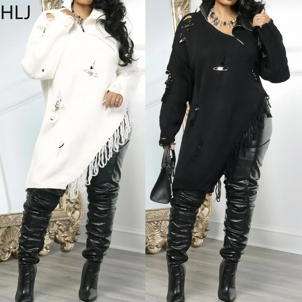 

HLJ Winter New Sexy Hollow-out Bodycon Sweater Dresses Woman Long Sleeve Zip Tassel Patchwork Dress Female Streetwear Vestidos