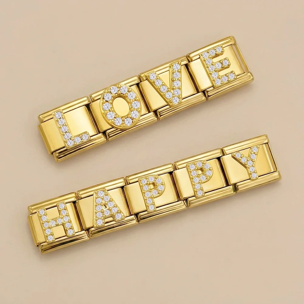 URING A-Z 26 Buchstaben Zirkonia-Anhänger in Goldfarbe, 9mm, italienische Edelstahl-Armbandglieder, DIY-Schmuckherstellung mit individuellem Namen – Detail 2