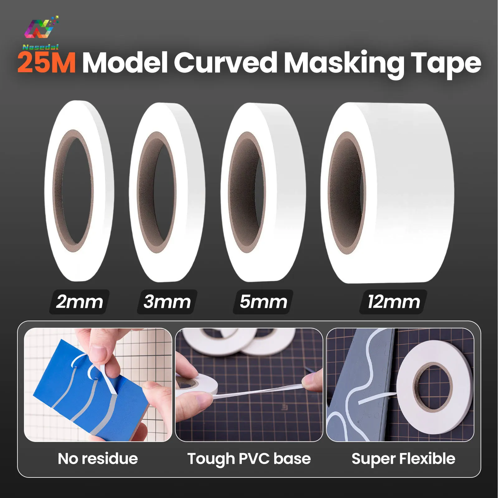 25M Flexible Curve PVC Masking Tape Width 2/3/5/12mm 0.1mm Ultra Thin for Gunpla Model Curved Surface Painting Color Separation