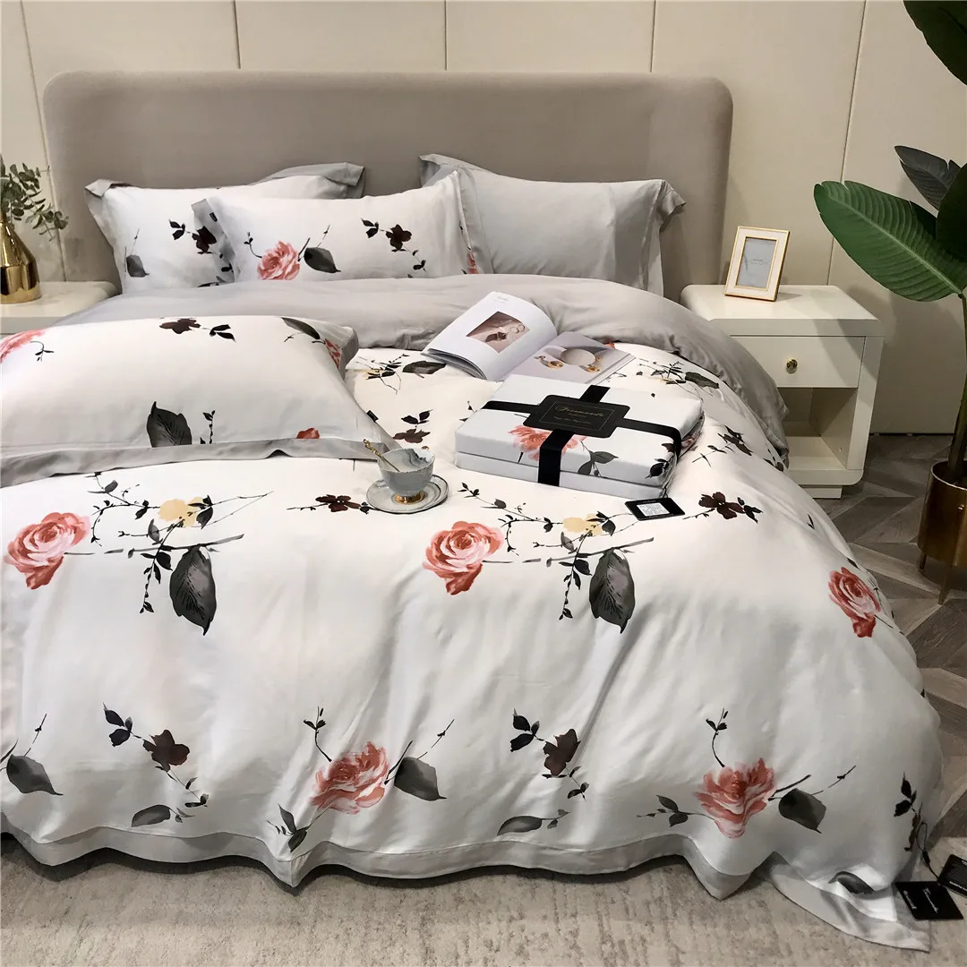 2023 Newest Long Staple Cotton Plant Pattern Four-piece Bedding Household Must Four Seasons Universal Luxury Bedding White Gray