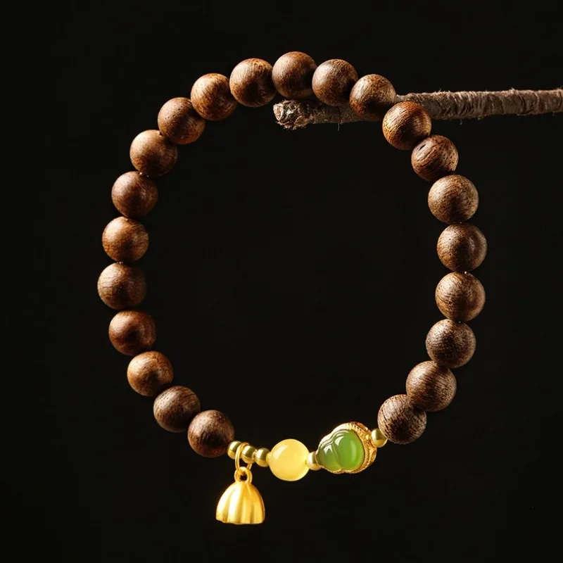 Ladies Agarwood Bracelet with Hetian Jade Gourd Sandalwood Beaded Lucky Bracelet for Bestie Birthday Gifts