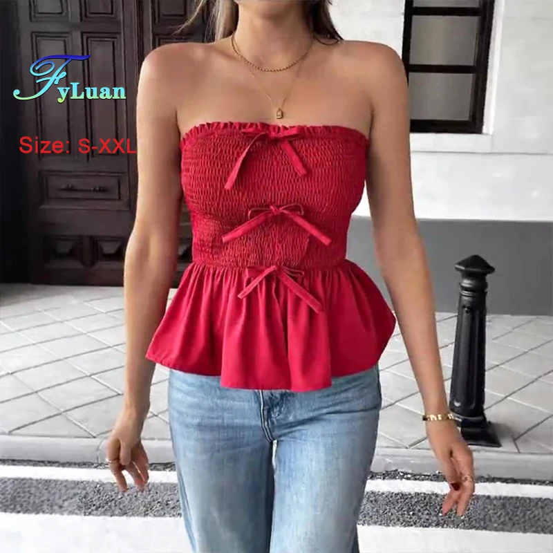 2025 صيف جديد إمرأة التفاف التمثال الأحمر لوتس ليف ثنيات القوس ديكور الحلو البنطال القصير بلا أكمام حمالة مثير حفلة سهرة فساتين #2