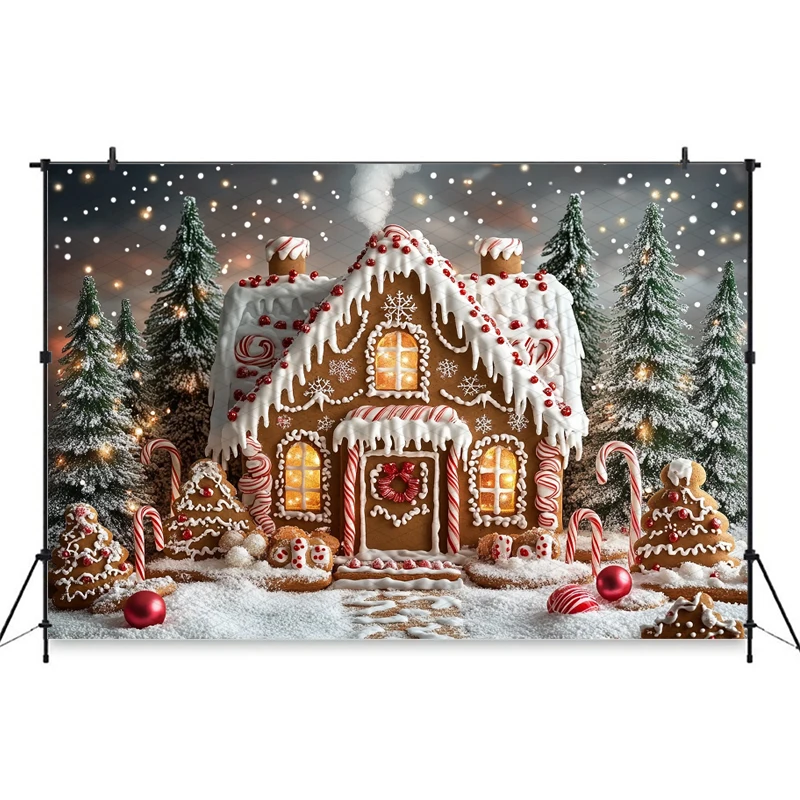 Mocsicka クリスマスハウス写真撮影の背景クリスマスツリーキャンディギフトスノーフレーク装飾パーティー子供の写真の背景壁紙