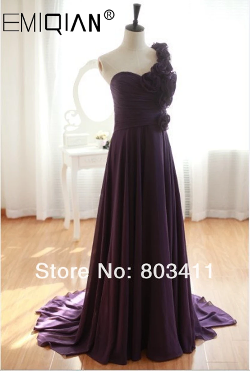 Real Pictures One Shoulder Hand Made Flowers Sweep Train Bridesmaid Dress Purple Chiffon Evening Gown