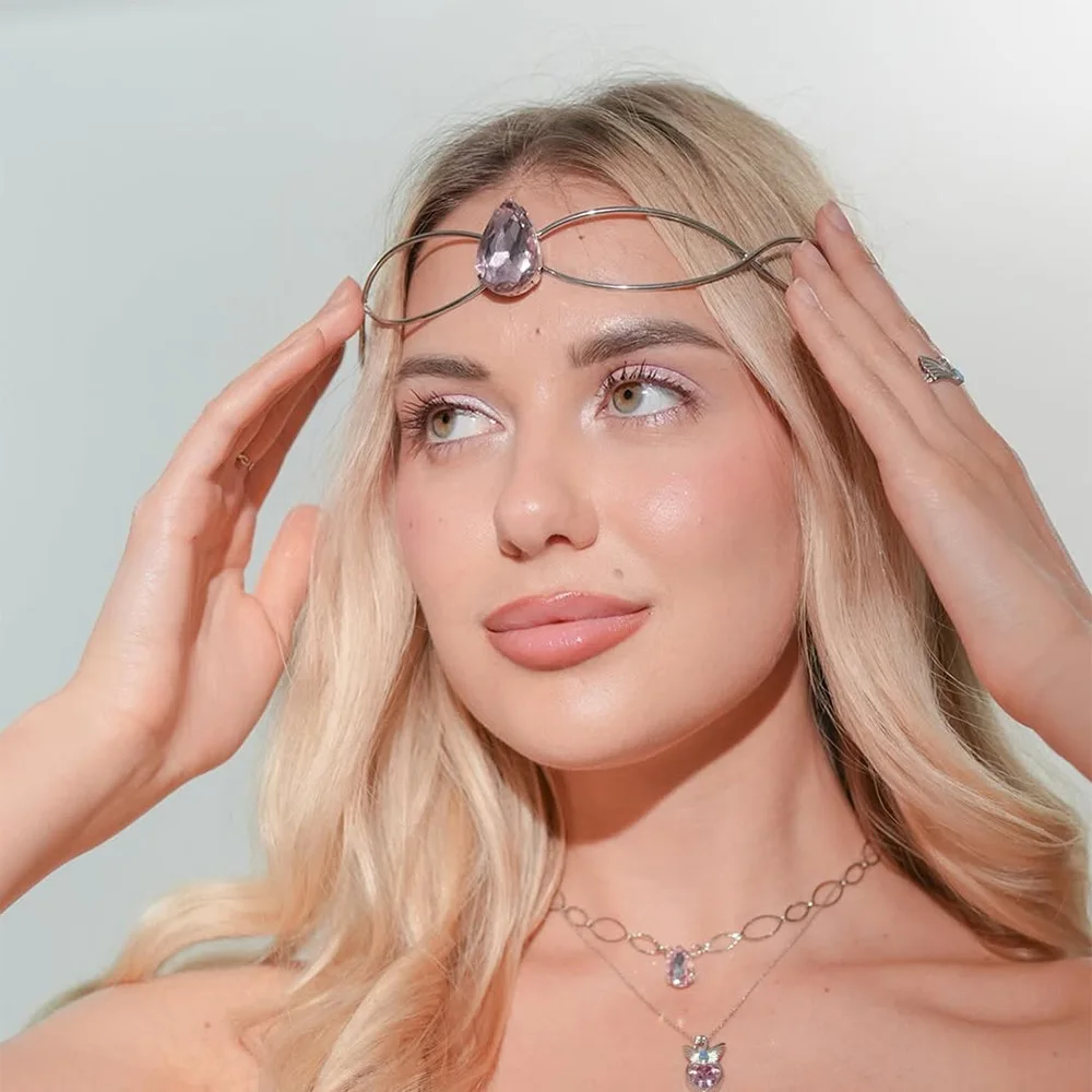 Fashion Pink Water Drop Forehead Headband Princess Accessories Elegant Bride Large Rhinestone Head Chain Tiara Prom for Women