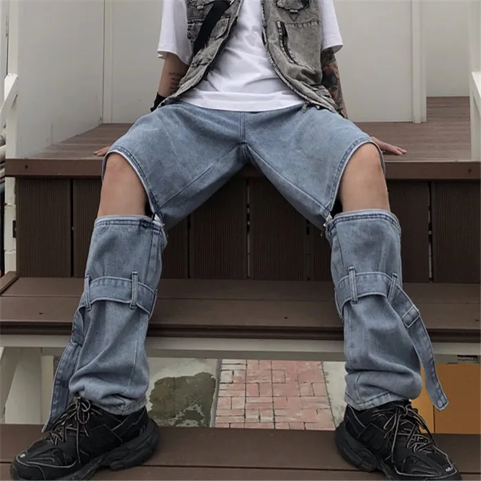 Detachable Ins Men Denim Pants Daddy Straight Belt Hole Men's Clothing Summer Spring Club Party Chic Trend Streerwear Pants