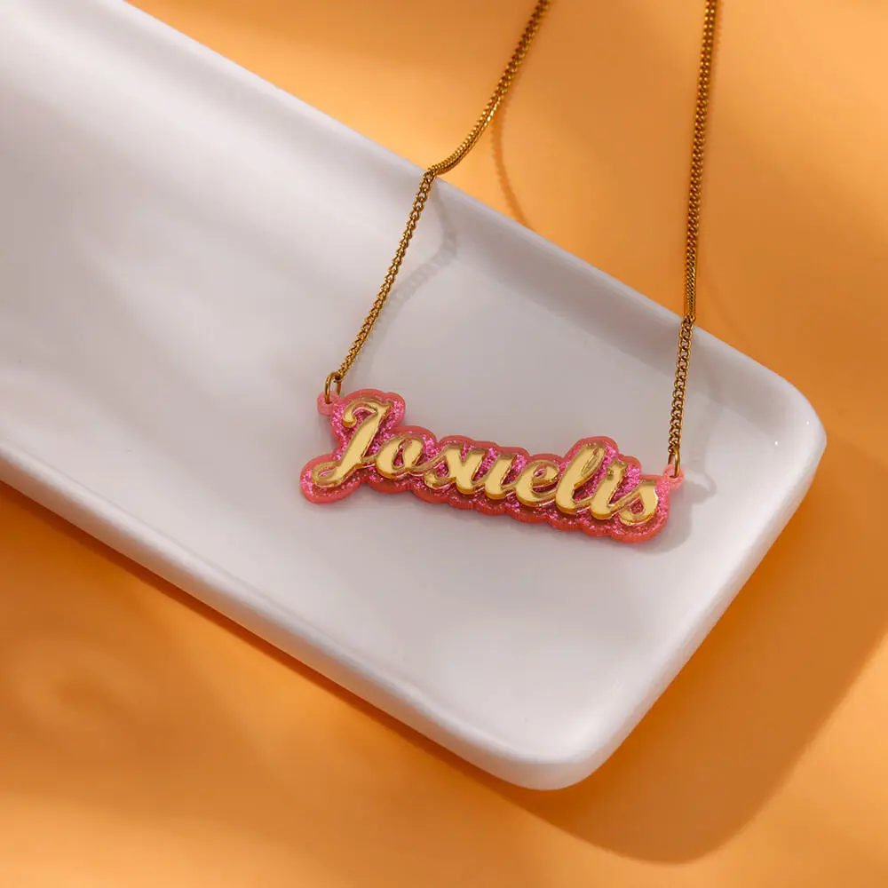 Custom Shining Pink Acrylic Name Necklace Women Girl Children Jewelry Stainless Steel Gold Color Nameplate Necklace Friend Gifts