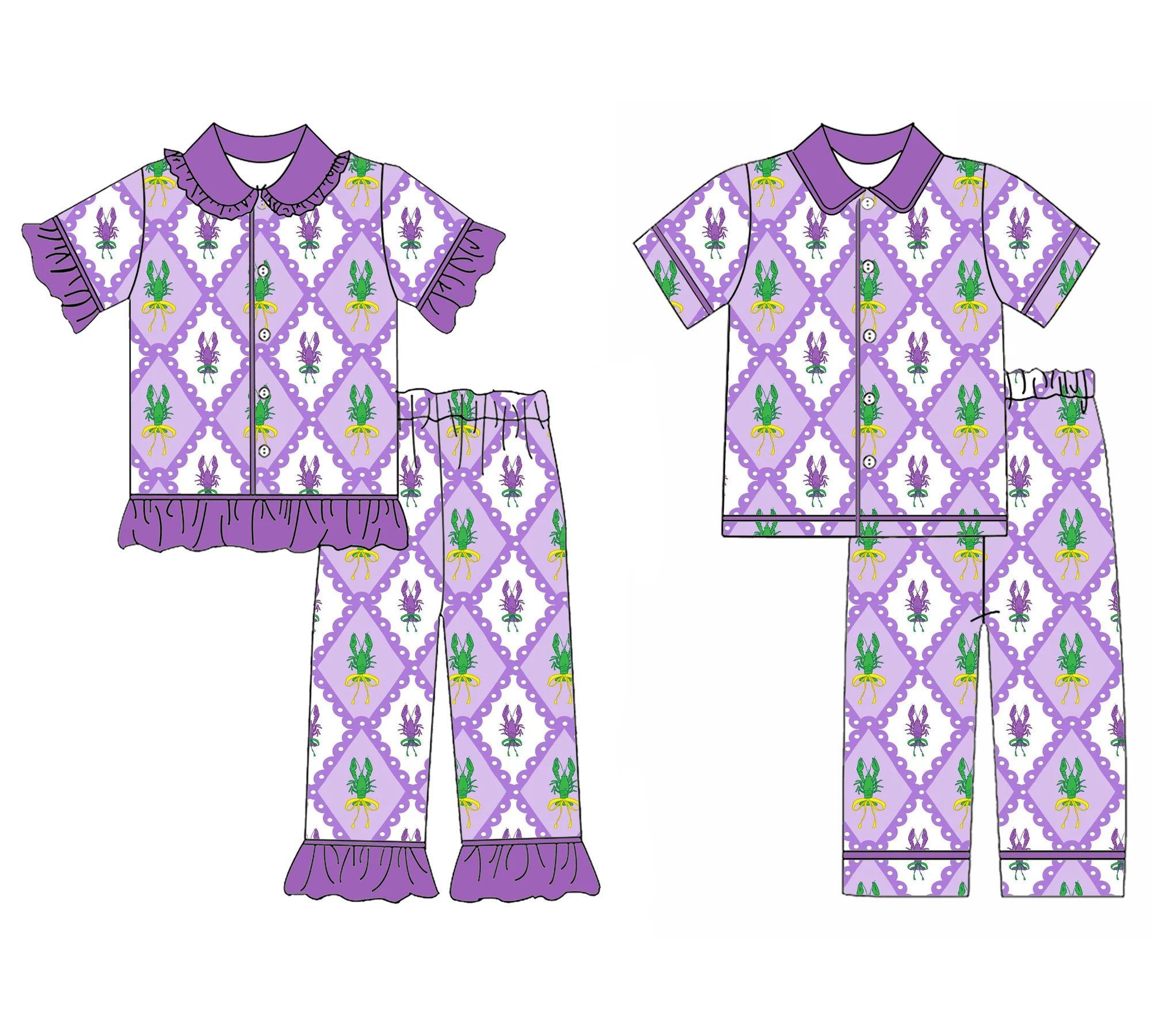 Mardi Gras Boutique Children's Suit Short Sleeve Pajama Suit Plaid Purple Cartoon Print Pants Girls Boys Suit