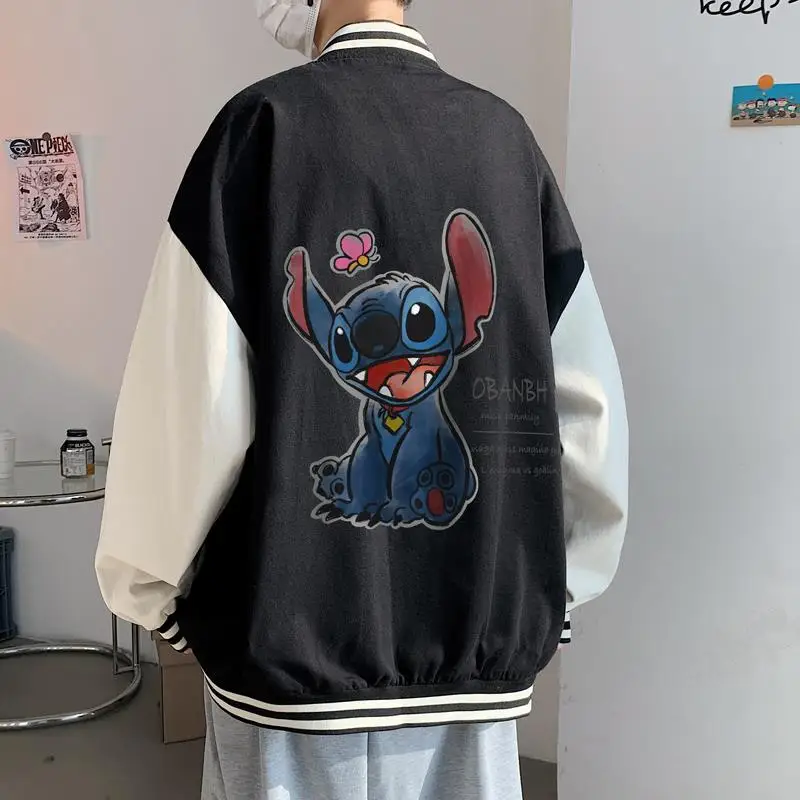 Stitch Cartoon Print Baseball Jersey Jacket Men's Spring and Autumn Street Hip Hop Casual Jacket Versatile Loose Couple Jacket