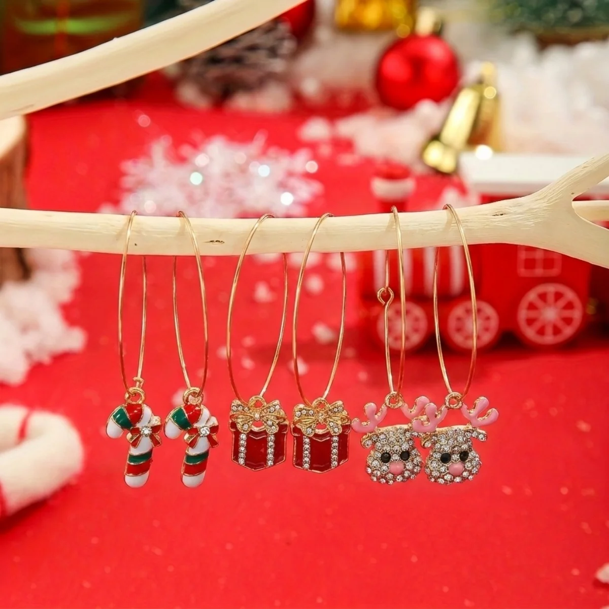 3 Paar/Set Weihnachts-Strass-Ohrringe mit Hirsch, Zuckerstange, Geschenkbox, für Damen, niedliche Weihnachtsmann- und Weihnachtsbaum-Ohrringe, Schmuck – Detail 25