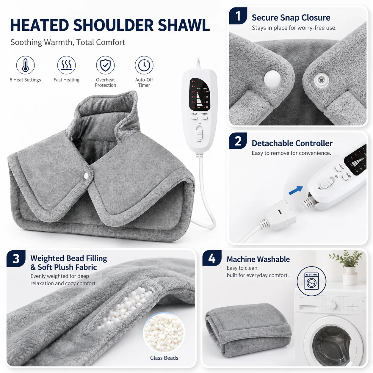 Heating Pad for Neck and Shoulders 6 Heat Settings Electric Heated Shoulder Wrap with Timer Weighted Soft Plush Shawl