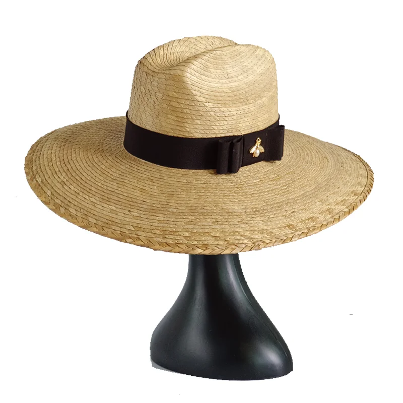 

Summer straw hat palm leaf French elegant seaside travel sun hat bow ribbon double concave large brim straw hat women's hat