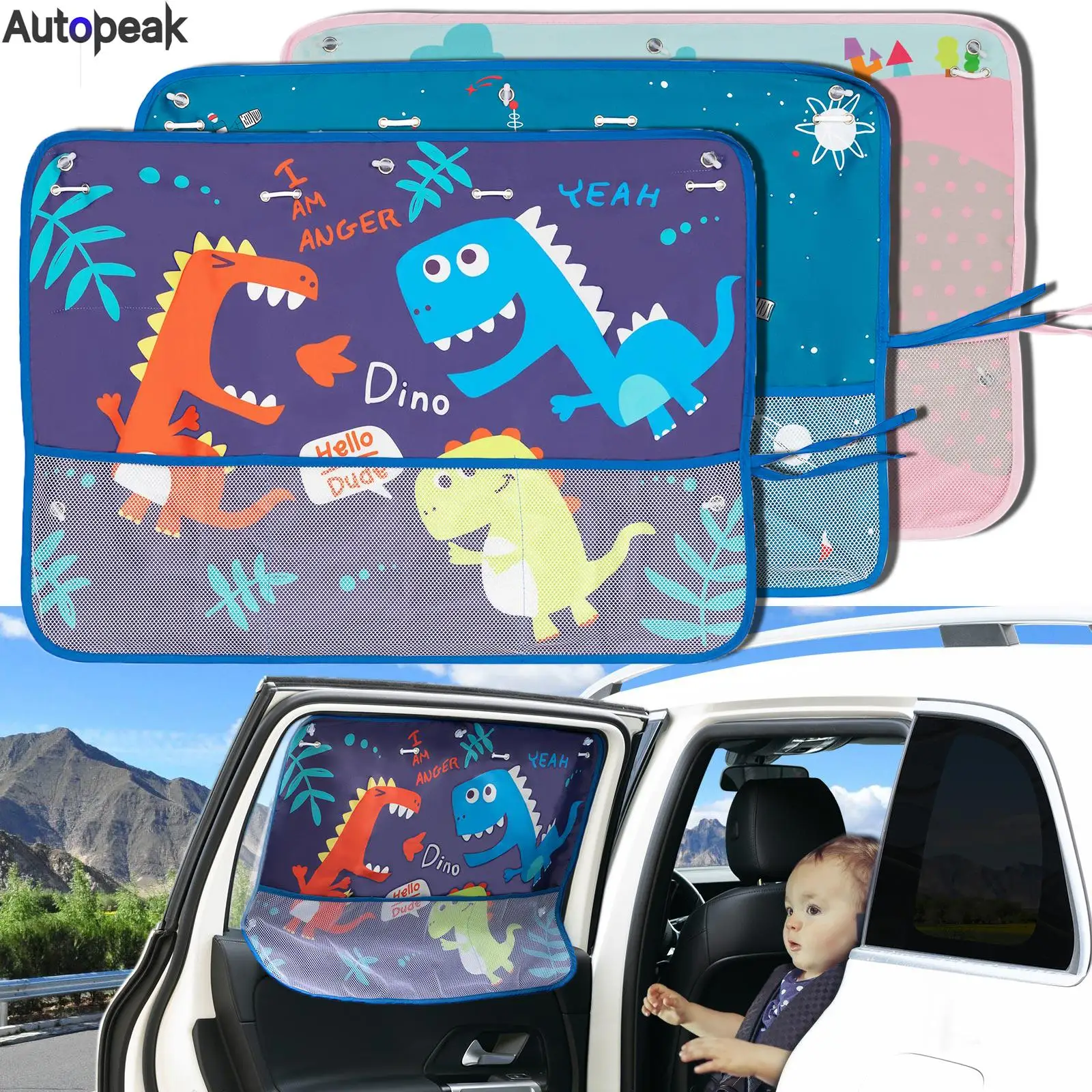 Pair Car Window Sun Shade Curtain Sunshade Cute Cartoon Pattern Anti-UV W/ Storage Net For Children Baby Kid Heat Shield Protect