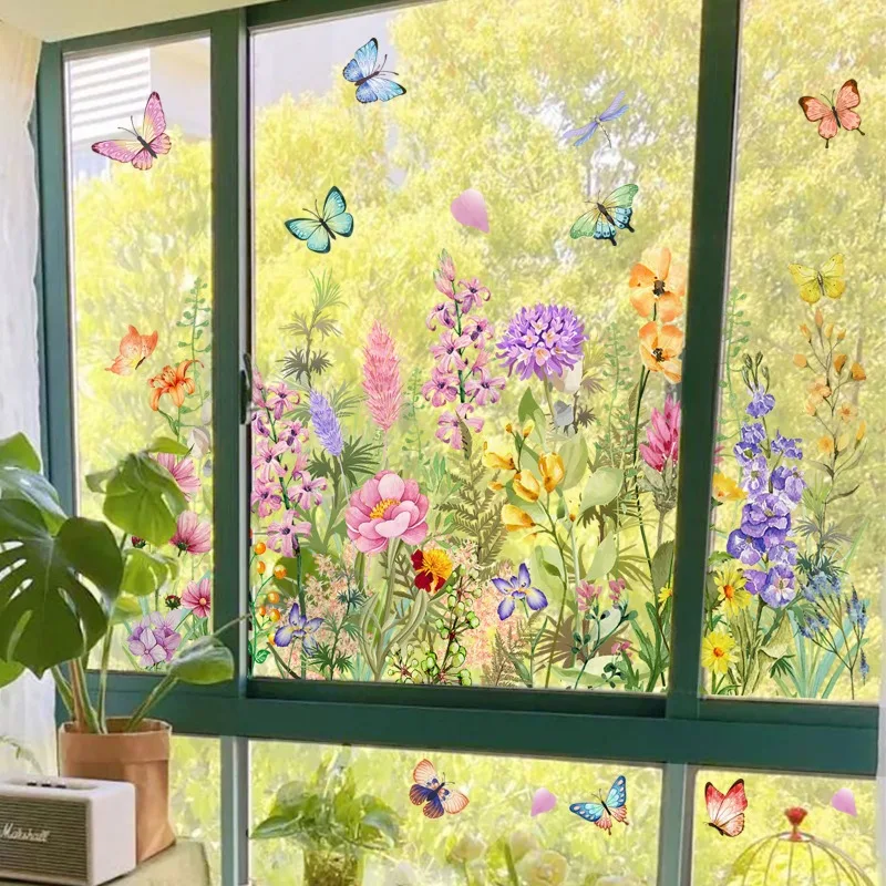 Spring Window Stickers Flower Butterfly Static Glass Stickers Decorative Painted Flower Decal Kids Room Sun Catcher Wallpaper view 3