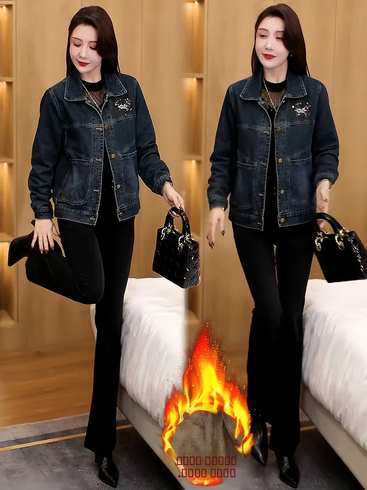 여성용 안감 있는 싱글 버튼 데님 재킷 가을 겨울 신상 한국 스타일 루즈핏 롱 슬리브 구김 방지