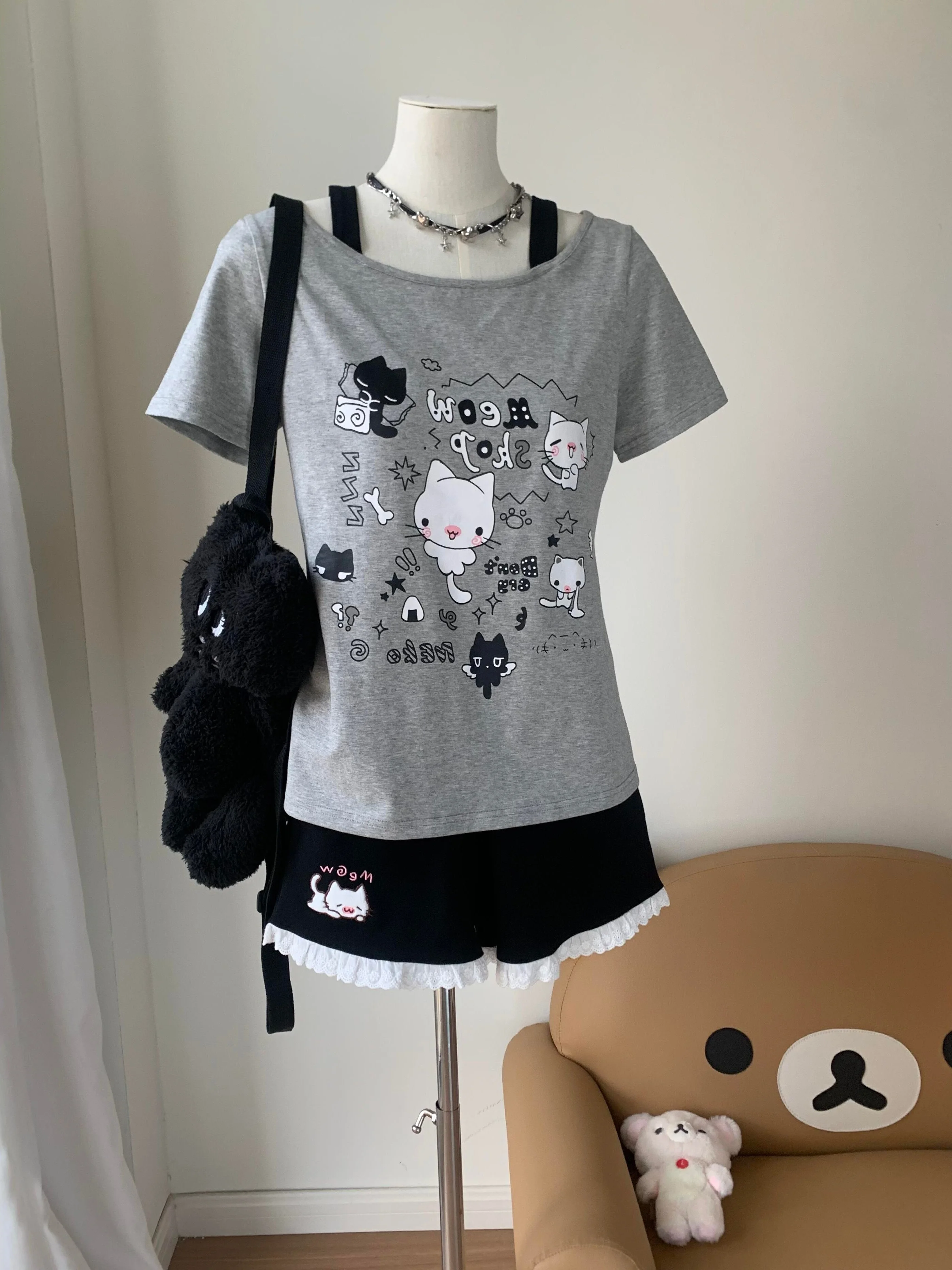 

Cute Cartoon Print Short Sleeve T-Shirt Women's Summer Sweet Style Slim Fit Versatile Girl's Top Printed Cotton Casual Wear