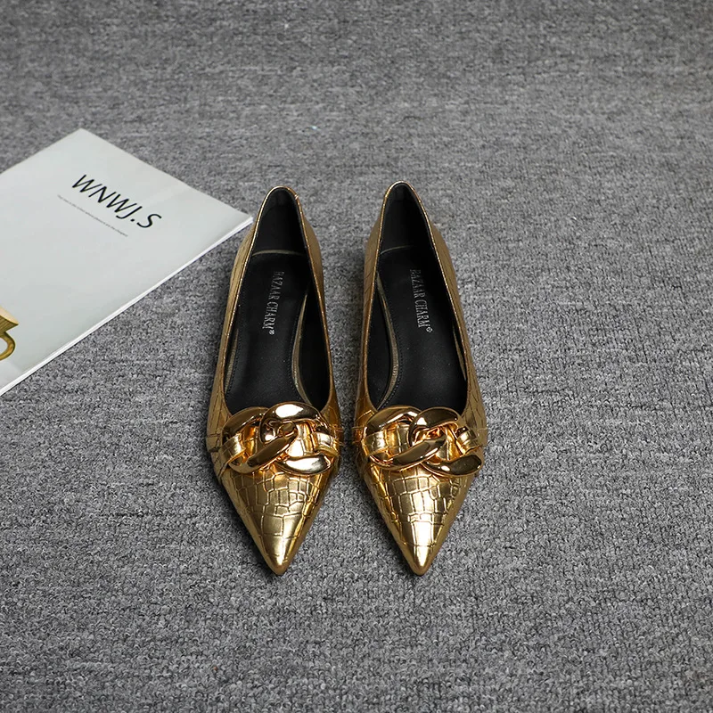 Pointed small heels, elegant work shoes, fashionable and versatile spring and summer, shallow chain single shoes for women